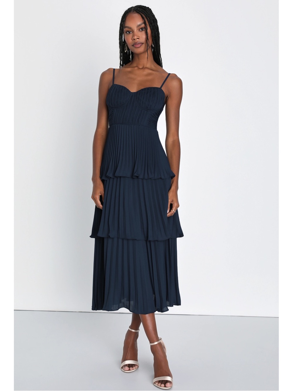Lulus Cascading Crush Navy Blue Tiered Bustier Pleated Midi Dress Event XL
